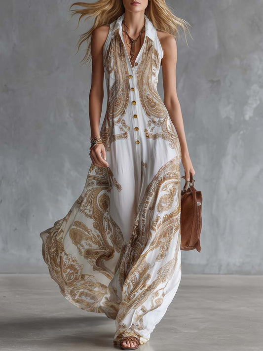Vintage Western Paisley Print Chiffon Maxi Dress with Button Front