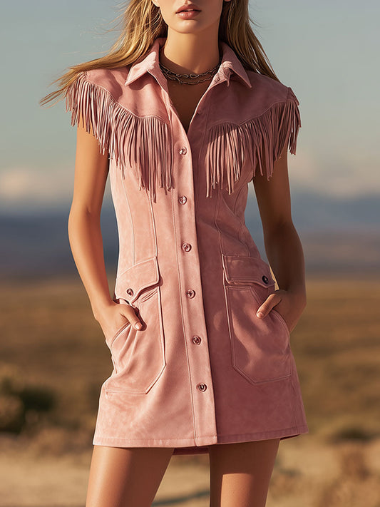 Western Retro Pink Fringed Faux Suede Button-Down Mini Dress