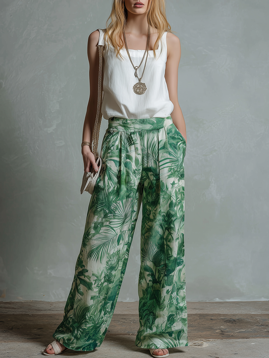 Sleeveless Square Neck Solid Top and Printed Chiffon Trouser Set