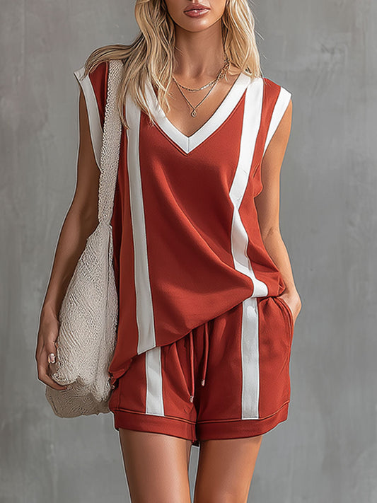 Retro Brick Red And White Color-blocked V-neck Sleeveless Short Set