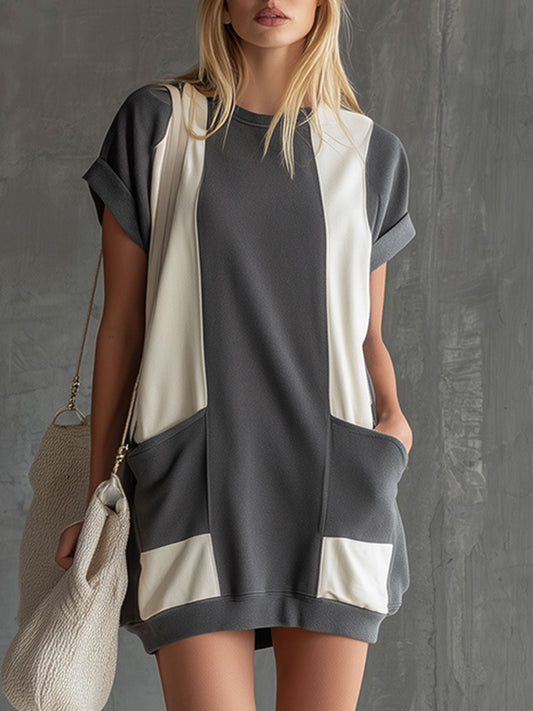 Casual Retro Gray and White Color-Blocked Round Neck Mini Dress