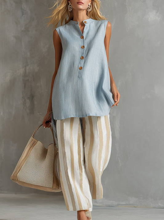 Elegant Light Blue Cotton Linen Vest and Striped Cropped Pants Set