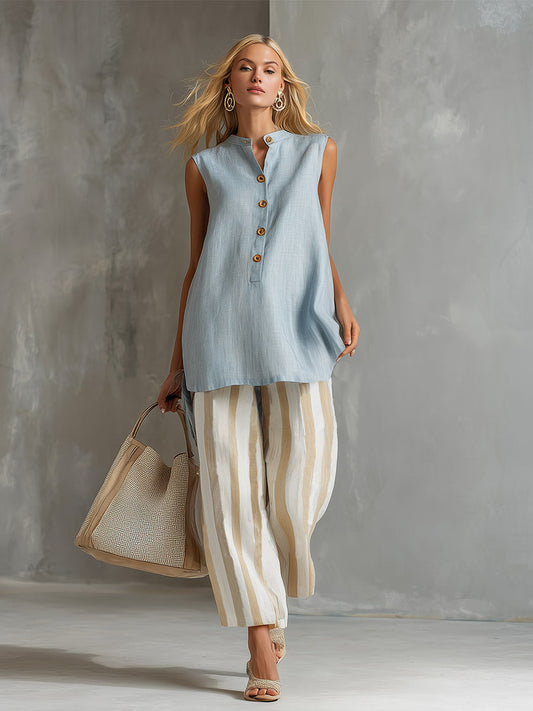 Elegant Light Blue Cotton Linen Vest and Striped Cropped Pants Set