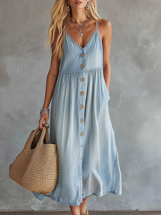 Light Blue Lightweight Denim Button-Front Midi Dress with Spaghetti Straps