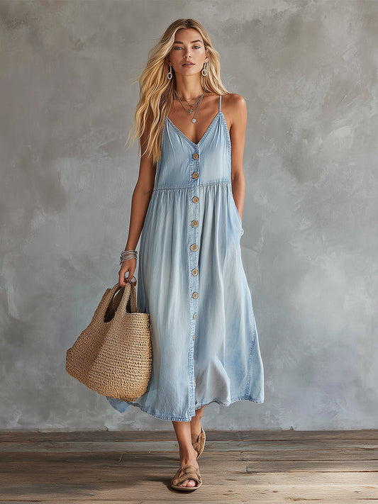 Light Blue Lightweight Denim Button-Front Midi Dress with Spaghetti Straps