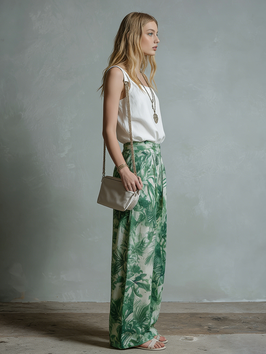 Sleeveless Square Neck Solid Top and Printed Chiffon Trouser Set