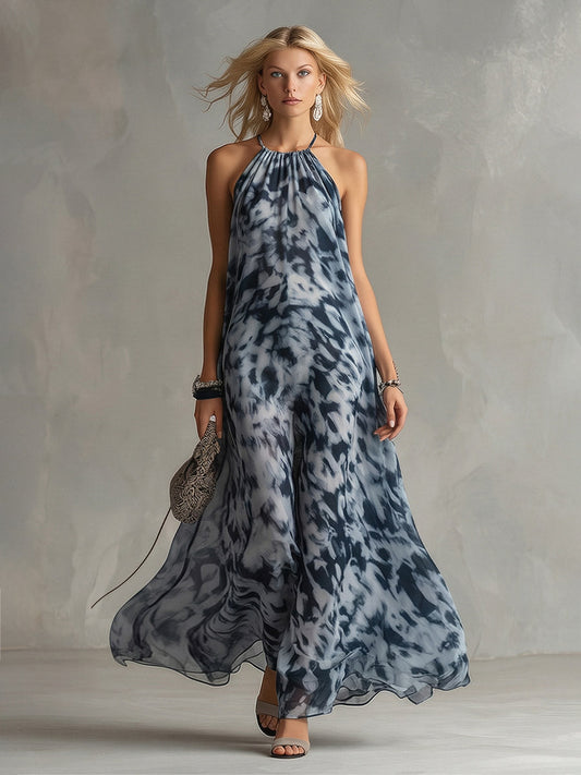 Elegant Navy Blue Impressionist Print Chiffon Halter Maxi Dress