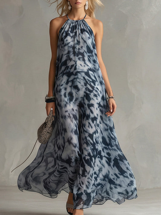 Elegant Navy Blue Impressionist Print Chiffon Halter Maxi Dress