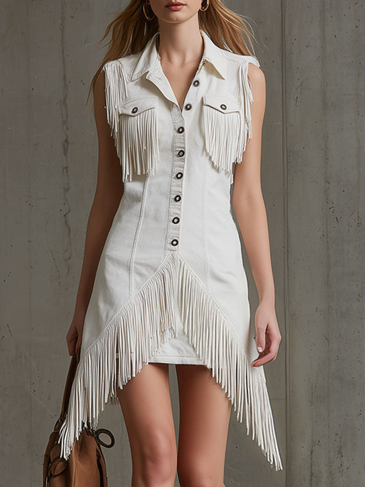 Bohemian White Tassel Sleeveless Mini Dress With Collared Detail