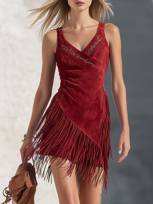 Western Bohemian Red Faux Suede Tassel Embroidered Sleeveless Mini Dress
