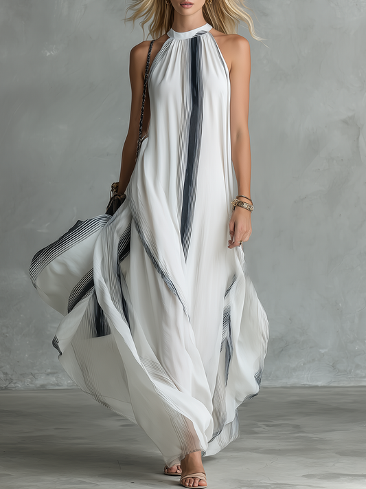 Sleeveless Striped Chiffon Maxi Dress with Round Neckline