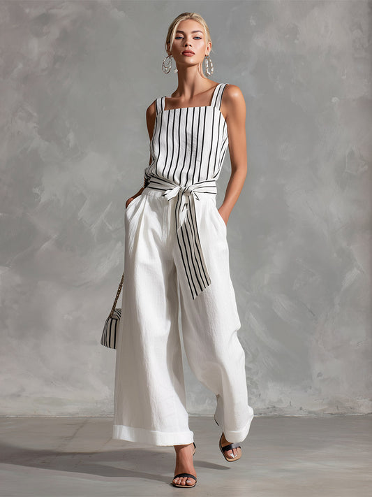 Casual White Striped Spaghetti-Strap Top And Wide-Leg Pants Set