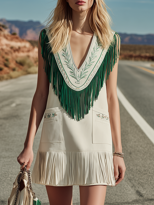 Bohemian V-Neck Sleeveless Embroidered Tassel Mini Dress in White