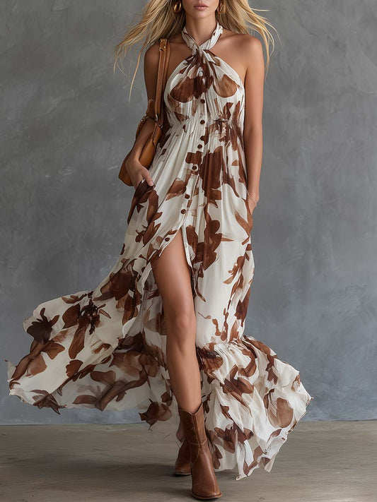 Retro Floral Halter Maxi Dress with Front Button and Slit