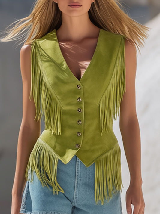 Western Bohemian Style Tassel Light Green Faux Suede Vest