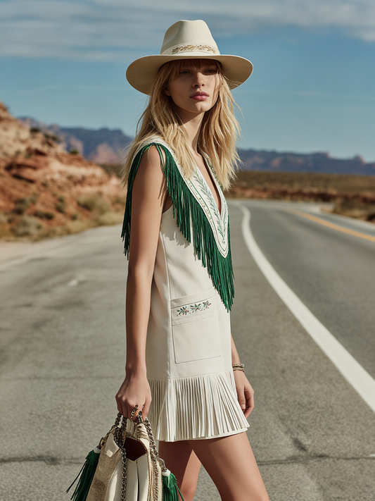 Bohemian V-Neck Sleeveless Embroidered Tassel Mini Dress in White