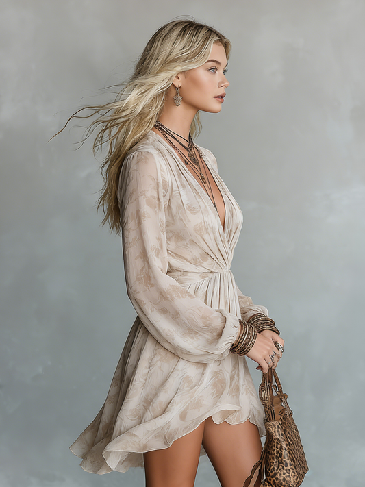 Exquisite Champagne Printed V-Neck Long-Sleeved Chiffon Mini Dress