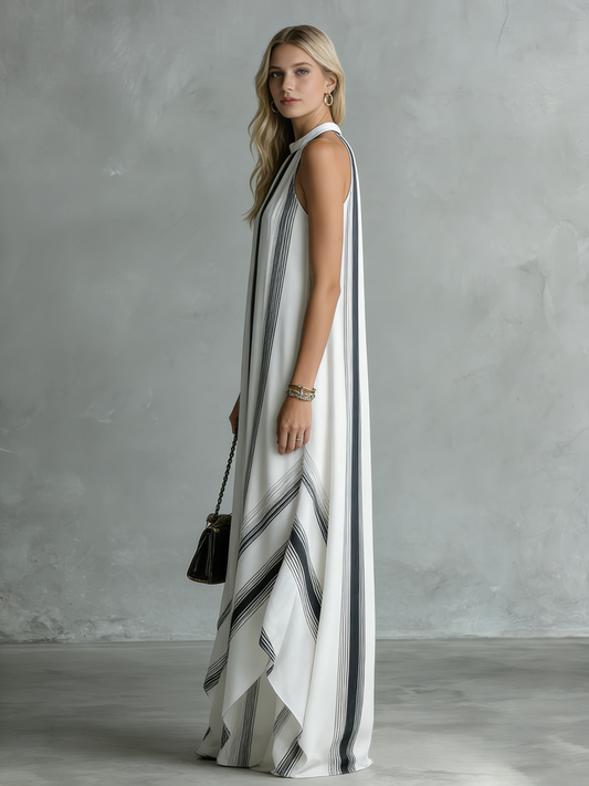 Sleeveless Striped Chiffon Maxi Dress with Round Neckline
