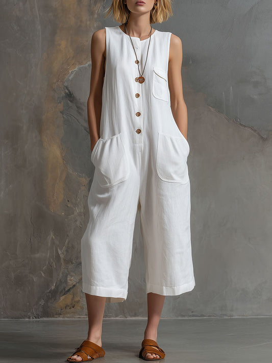 Casual Retro Sleeveless White Cotton Linen Wide Leg Cropped Jumpsuit