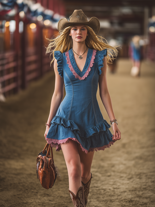 Chic Western V-Neck Ruffled Denim Mini Dress with Lace Trim