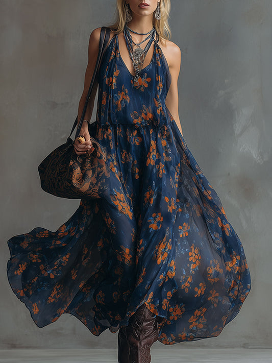 Navy Blue Retro Floral Chiffon Maxi Dress With Color-Block Hem