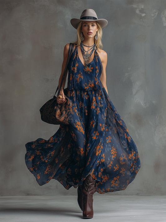Navy Blue Retro Floral Chiffon Maxi Dress With Color-Block Hem