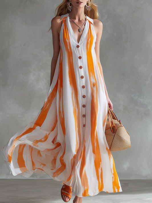 Elegant Orange Striped Chiffon V-Neck Button Front Maxi Dress