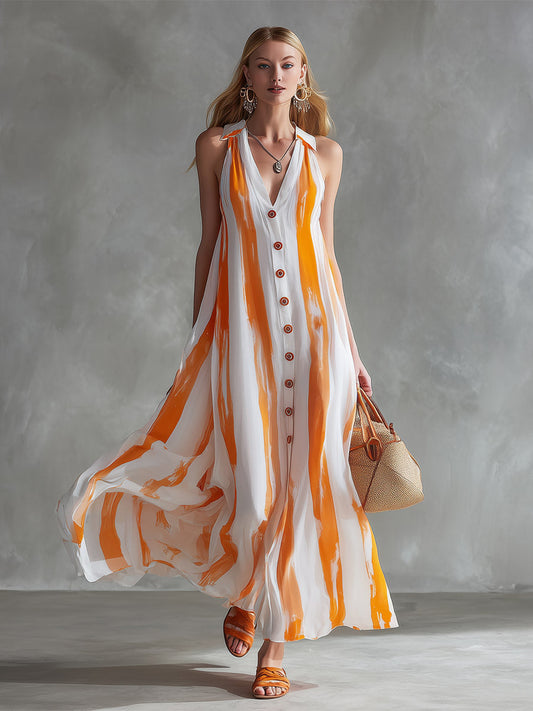 Elegant Orange Striped Chiffon V-Neck Button Front Maxi Dress
