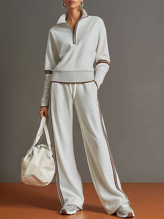Retro Half-Zip Sweatshirt and Wide-Leg Pants Sporty Matching Set