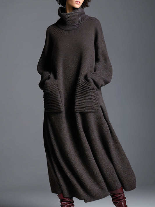 Elegant Brown Knitted Maxi Dress with Loose Neckline Detail
