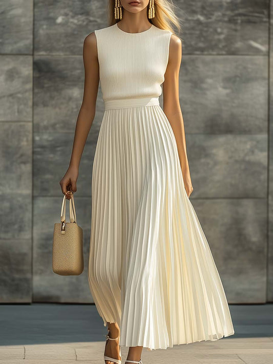 Cream Knitted Chiffon Pleated Hem Maxi Dress for Elegant Casual Wear