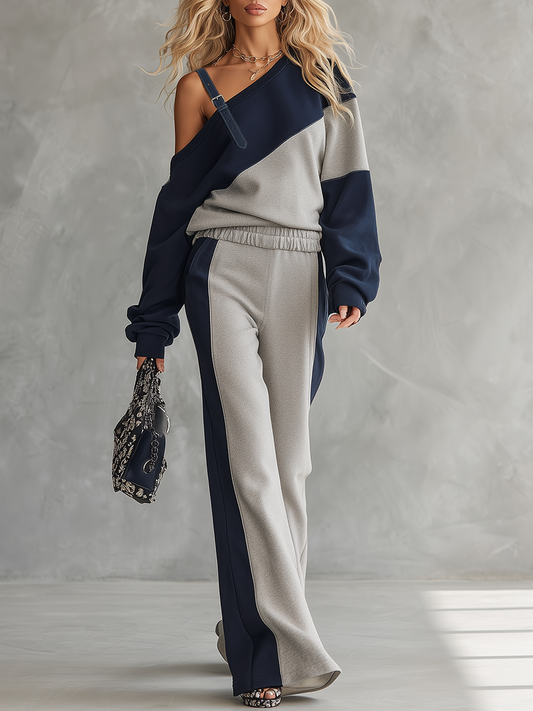 Stylish One-Shoulder Patchwork Sweatshirt And Sweatpants Loungewear Set