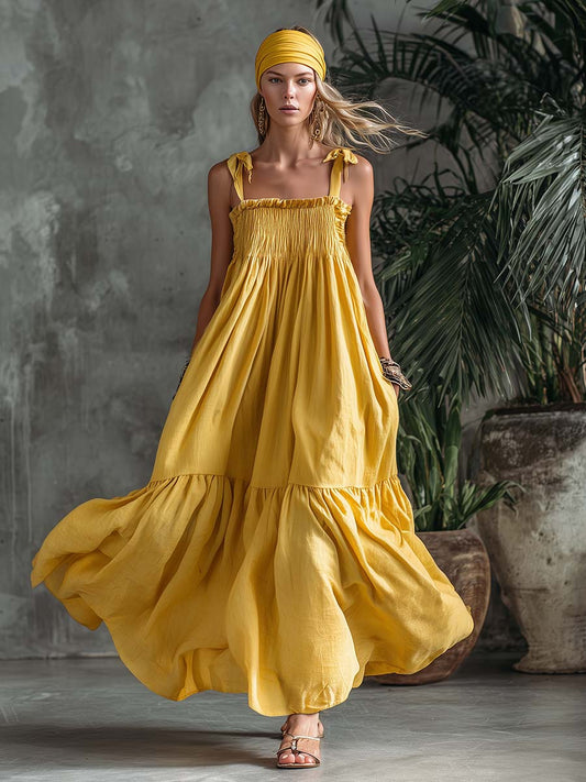 Yellow Cotton Linen Off-Shoulder Smocked Bohemian Vacation Maxi Dress
