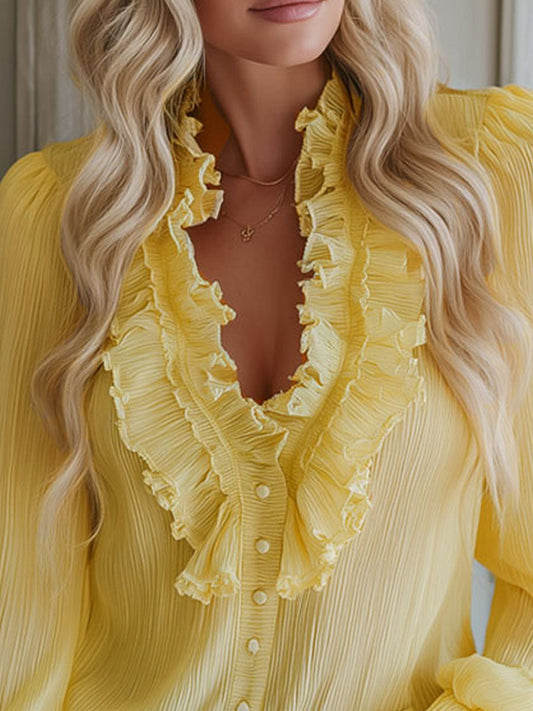 Light Yellow V-Neck Chiffon Long Sleeve Button Down Blouse