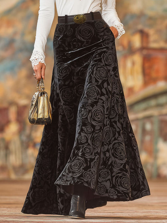 Elegant Black Rose Print A-Line Velvet Skirt With Belt