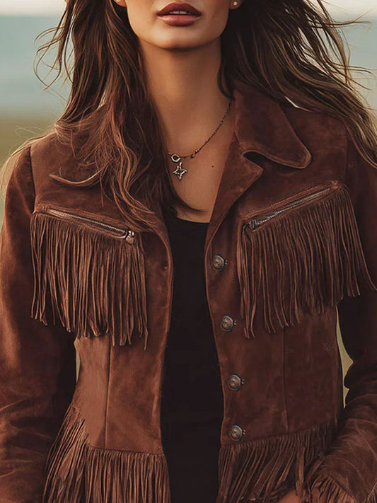 Western Style Brown Micro-Suede Tassel Zip Up Fringe Jacket