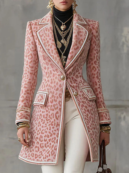 Pink Leopard Print Single-Breasted Lapel Mid-Length Faux Suede Coat