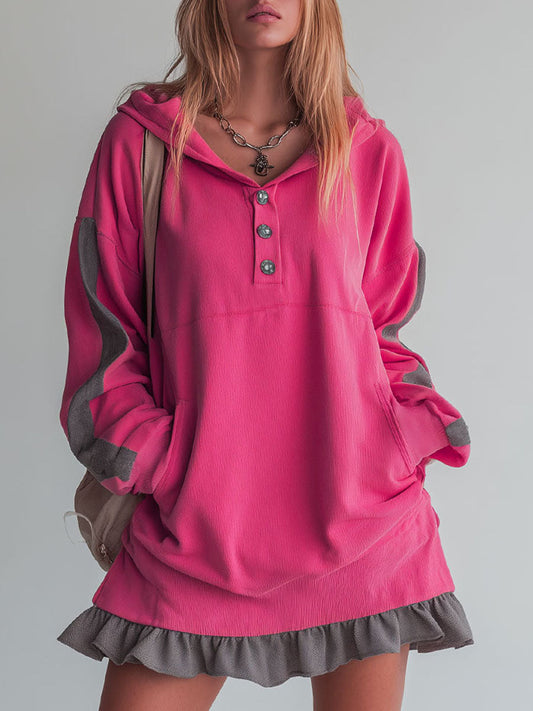 Sporty Color-Blocked Ruffled Half-Zip Hooded Long-Sleeve Mini Dress