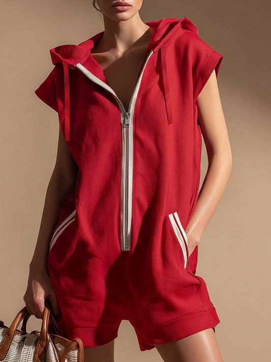 Stylish Color-Blocked Hooded Sleeveless Short Jumpsuit With Double Pockets