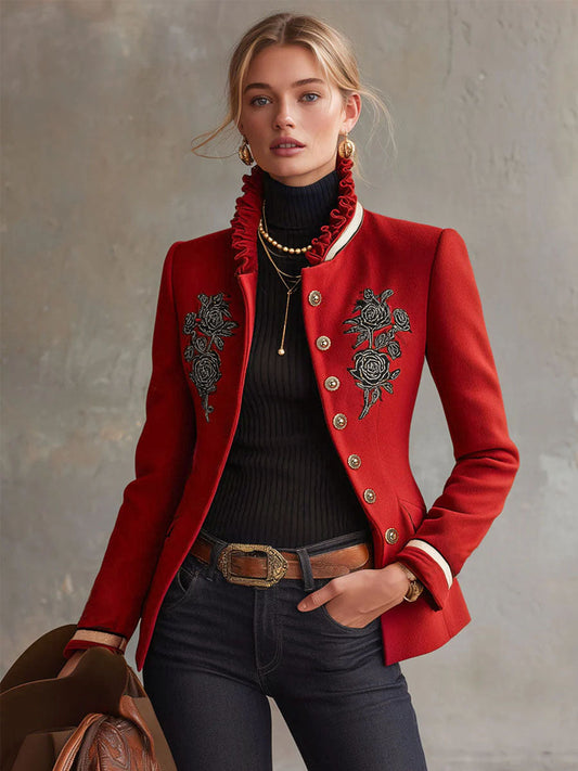 Ruffled Stand-Up Collar Embroidered Rose Jacket in Red or Pink