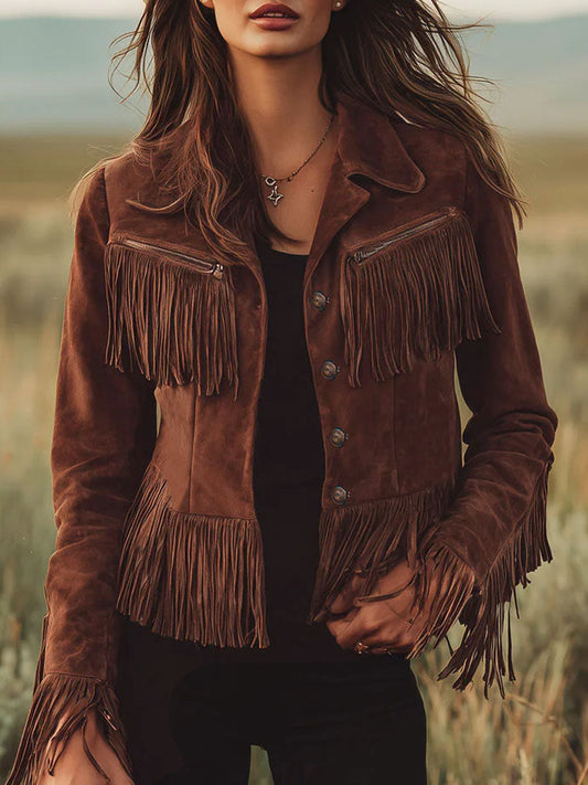 Western Style Brown Micro-Suede Tassel Zip Up Fringe Jacket