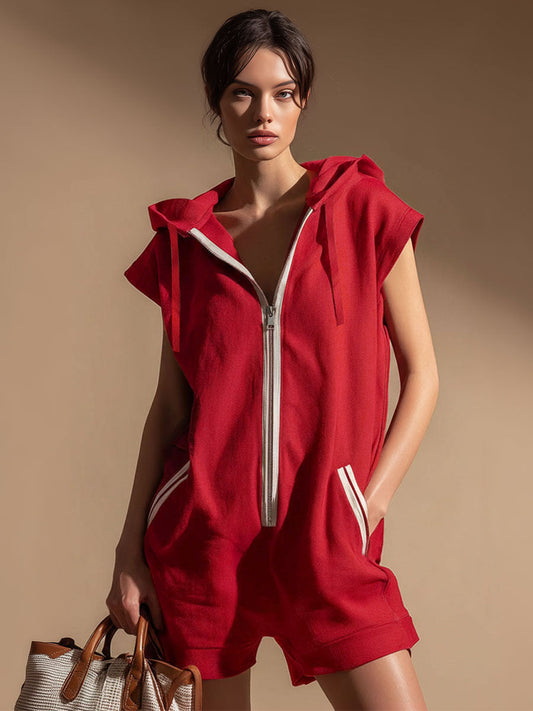 Stylish Color-Blocked Hooded Sleeveless Short Jumpsuit With Double Pockets