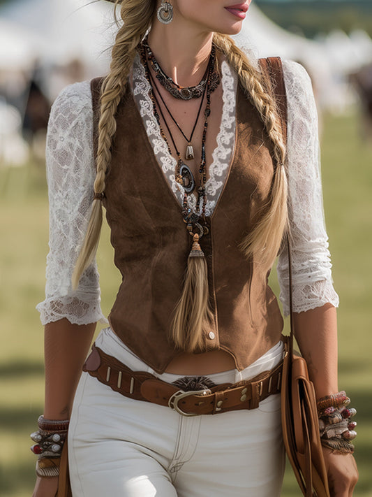 Romantic Brown Suede Shirt With Elegant Lace Sleeves Western Style