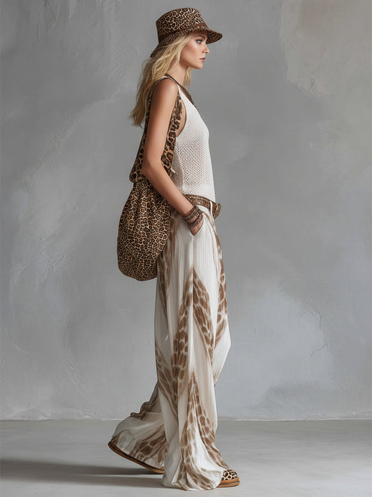 White Mesh Knit Tank Top and Printed Chiffon Wide-Leg Pants Set