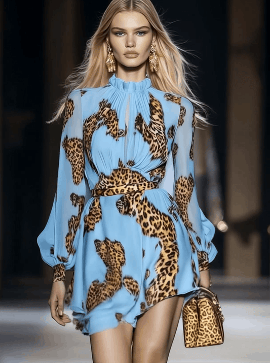 Elegant Sky Blue Leopard Print Chiffon Mini Dress With Ruffles