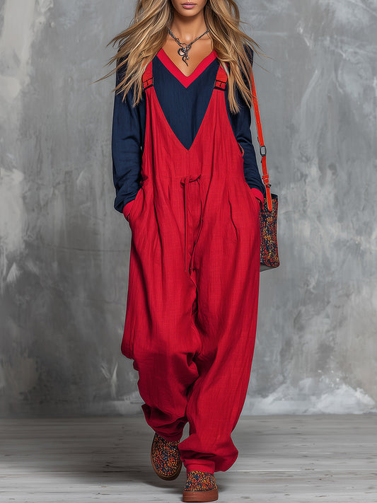 Retro Bohemian Color-Blocked Cotton Linen Top And Overalls Set