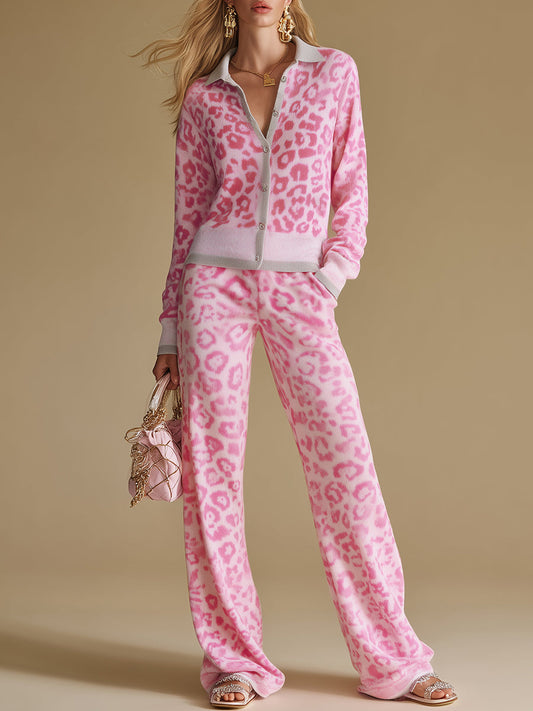 Retro Leopard Print Knitted Two-Piece Set With Button Placket