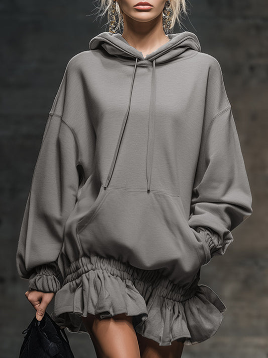 Comfortable Grey Hooded Sweatshirt Mini Dress with Elastic Hem