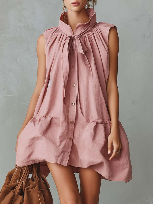 Elegant Pink Cotton-Linen Mini Dress with Bubble Hem Details