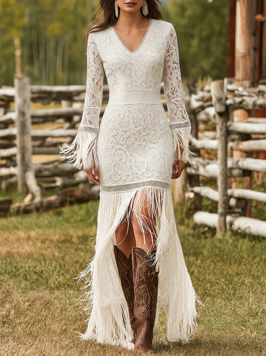 Elegant Lace V-Neck Maxi Dress With Tassels And High-Low Hem